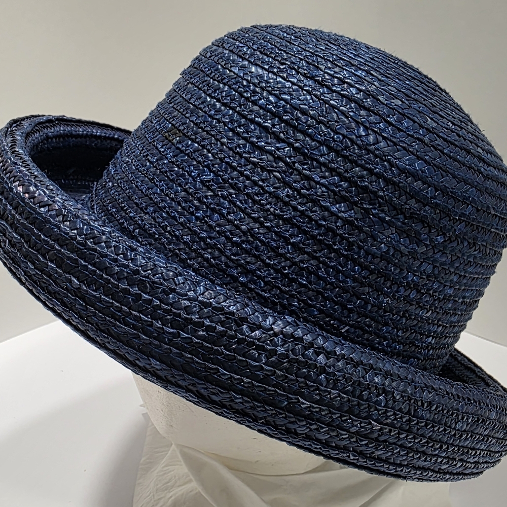 Vintage Navy Blue Woven Straw Hat Special Occasion Derby Garden Party 57cm